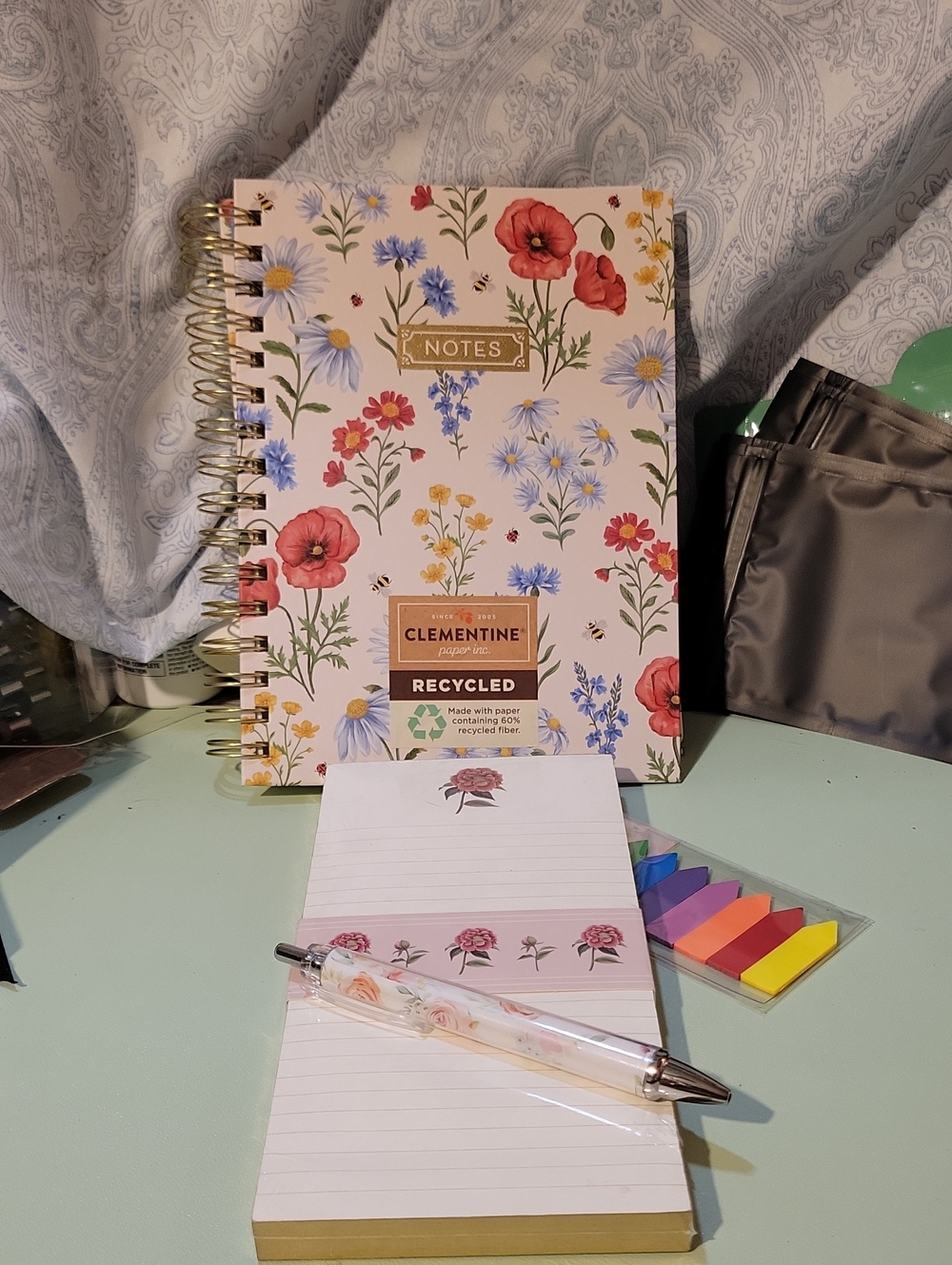 Clementine Floral Spiral Notebook - Recycled Pink & Blue Pen Magnetic List Pad